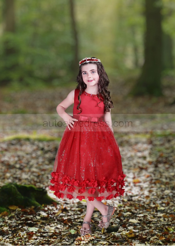 Beaded Red Satin Glitter Tulle 3D Flowers Sparkly Flower Girl Dress